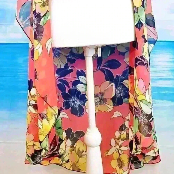 ORANGE FLORAL Beach Cover Sheer Open front Long Shawl LIGHTWEIGH Shrug One Size - Picture 7 of 14